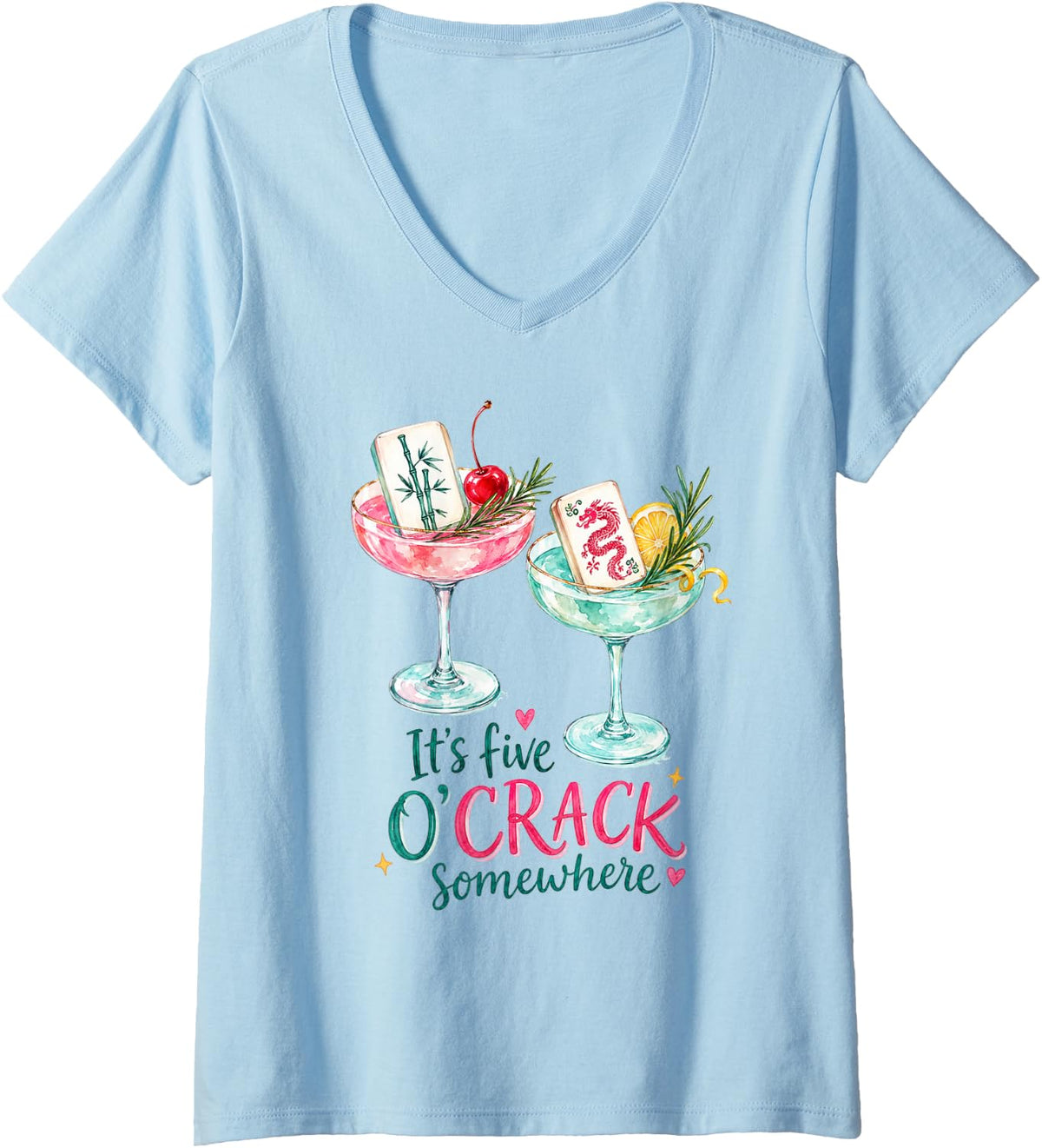 Women's Mahjong Lover Cracks Dots Bams It's Five O'crack Somewhere V-Neck T-Shirt - Baby Blue