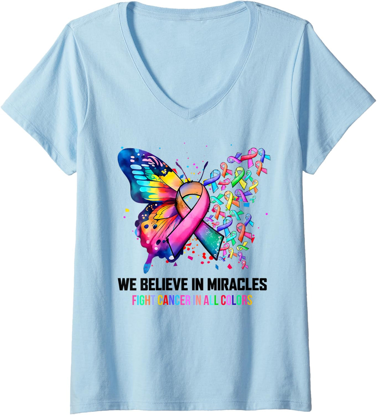 Womens We Believe In Miracles Fight Cancer In All Color Butterfly V-Neck T-Shirt - Baby Blue