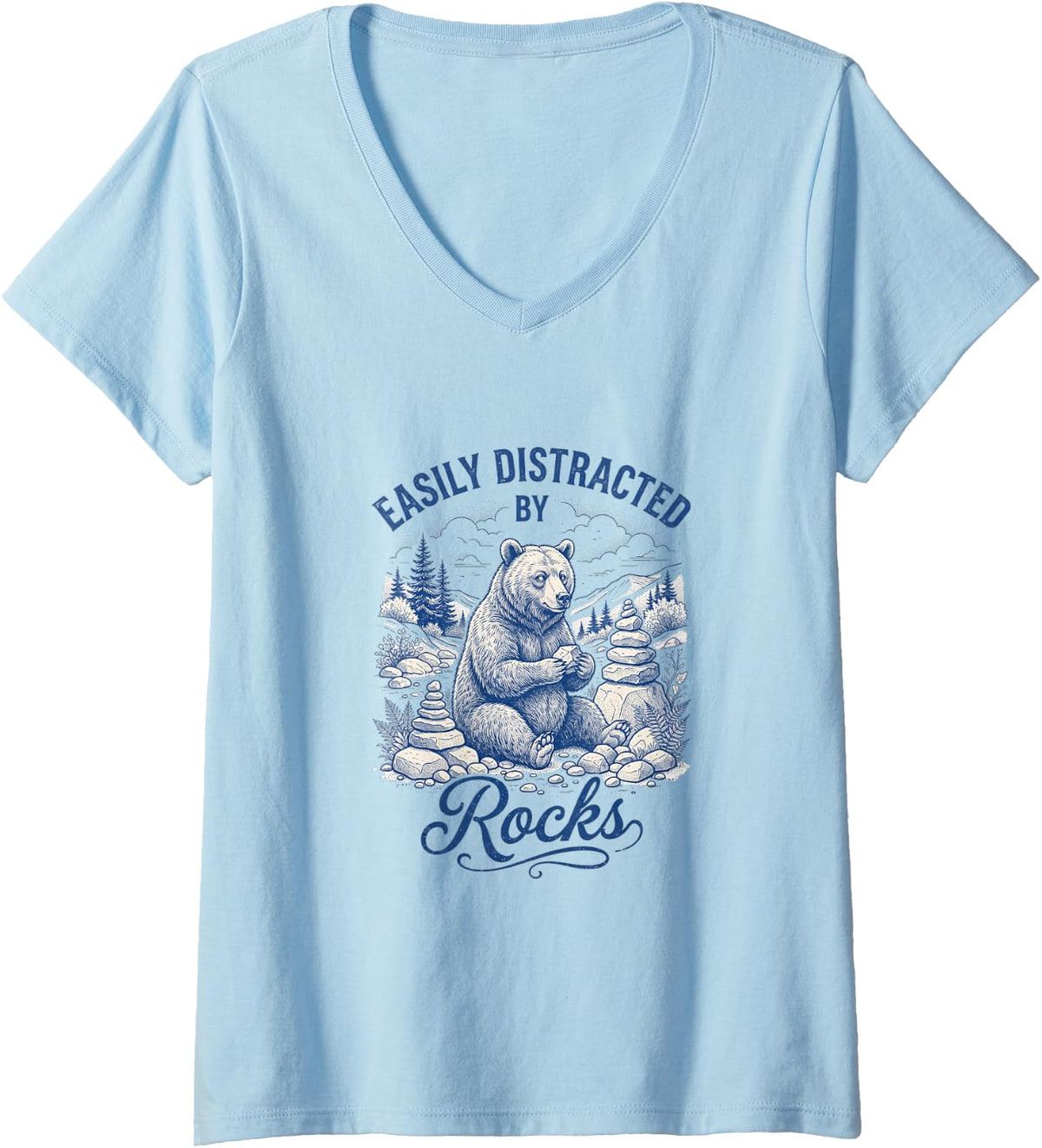Women's Funny Bear Rockhound Geological Rock Collecting Graphic V-Neck T-Shirt - Baby Blue