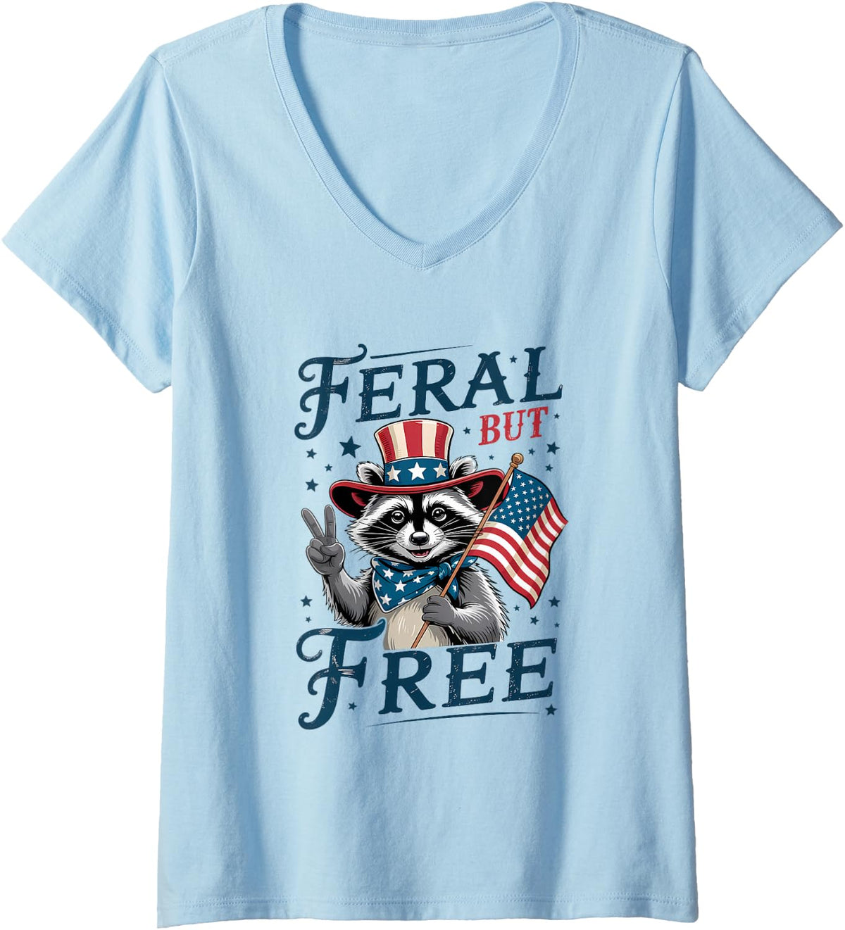 Women's Feral But Free Trash Panda American Flag 4th of July V-Neck T-Shirt - Baby Blue