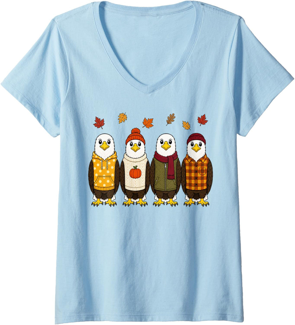 Women's Bald Eagle Fall Autumn Season Pumpkin Bird V-Neck T-Shirt - Baby Blue