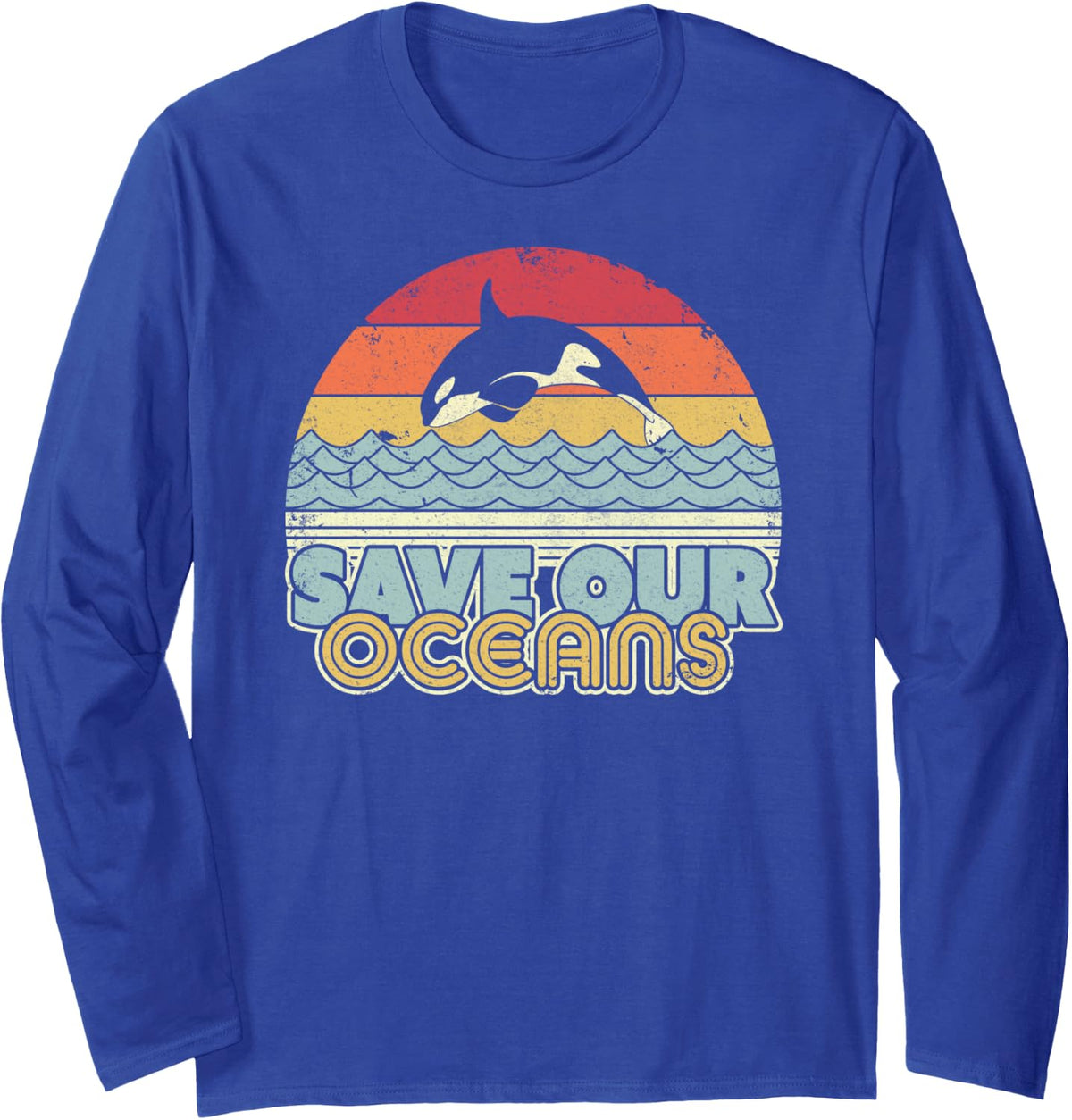 Save Our Oceans, Orca Whale, Retro Climate Change Long Sleeve T-Shirt - Adult Unisex Royal Blue
