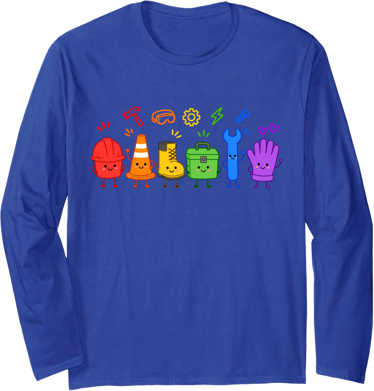 Blue Collar Worker Cute Tools Construction Tradesman Doodles Long Sleeve T-Shirt - Adult Unisex Royal Blue