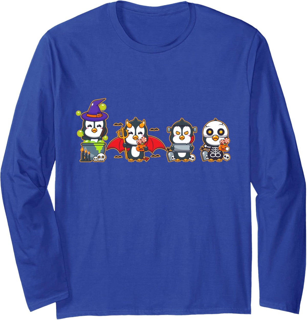 Halloween Horror Pumpkin Penguin Long Sleeve T-Shirt - Adult Unisex Royal Blue