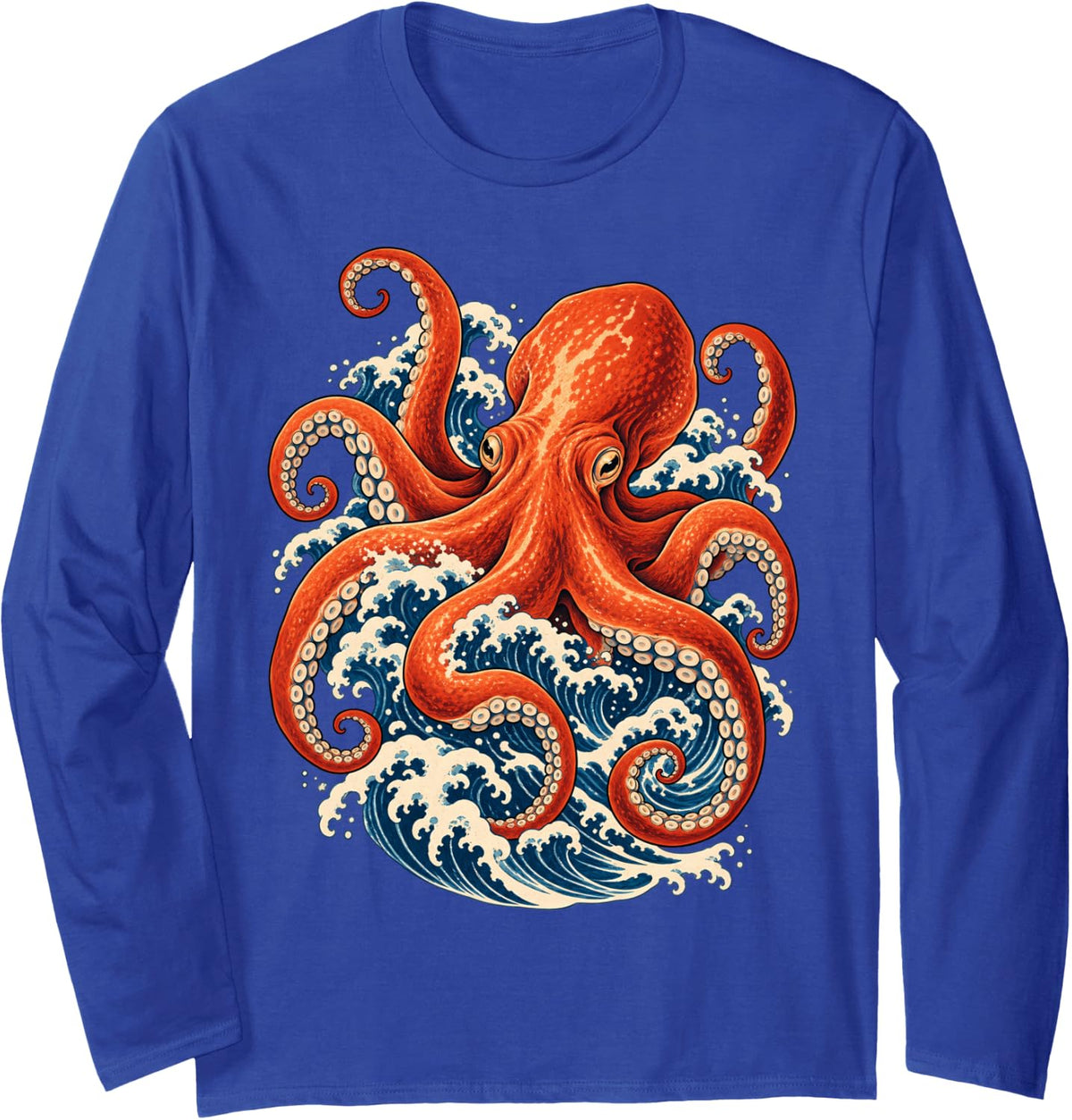 Japanese Wave Red Octopus Ocean Creature Art Long Sleeve T-Shirt - Adult Unisex Royal Blue