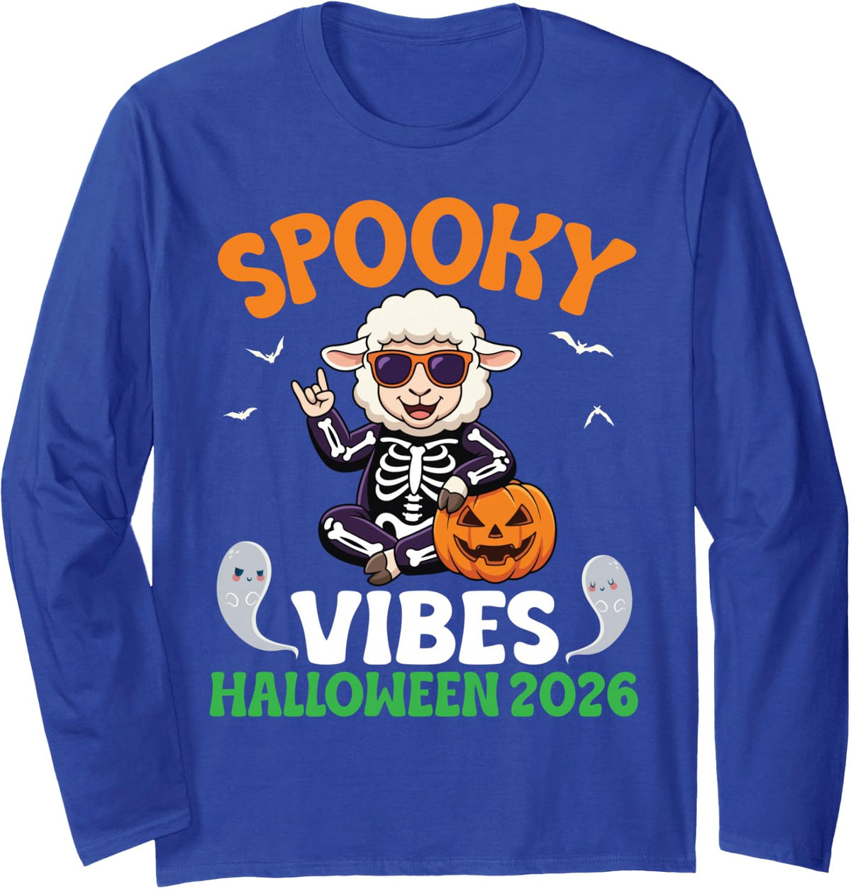Spooky Vibes Halloween 2026 Rocking Sheep Skeleton Pumpkins Long Sleeve T-Shirt - Adult Unisex Royal Blue
