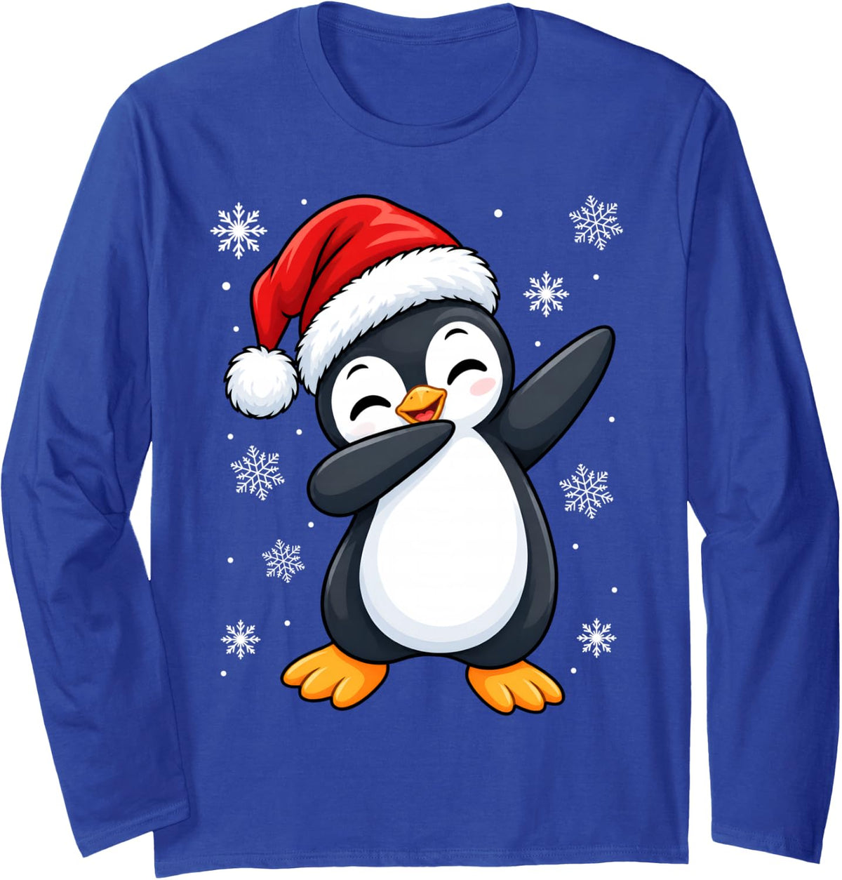 Cute Santa Hat Penguin Christmas Long Sleeve T-Shirt - Adult Unisex Royal Blue