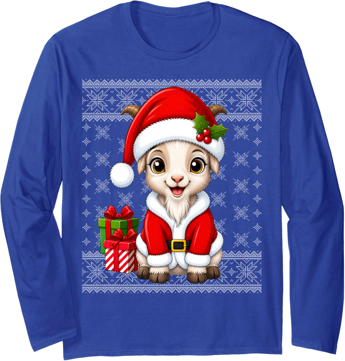 Goat in Christmas Santa Costume Ugly Sweaters Goat Xmas Long Sleeve T-Shirt - Adult Unisex Royal Blue