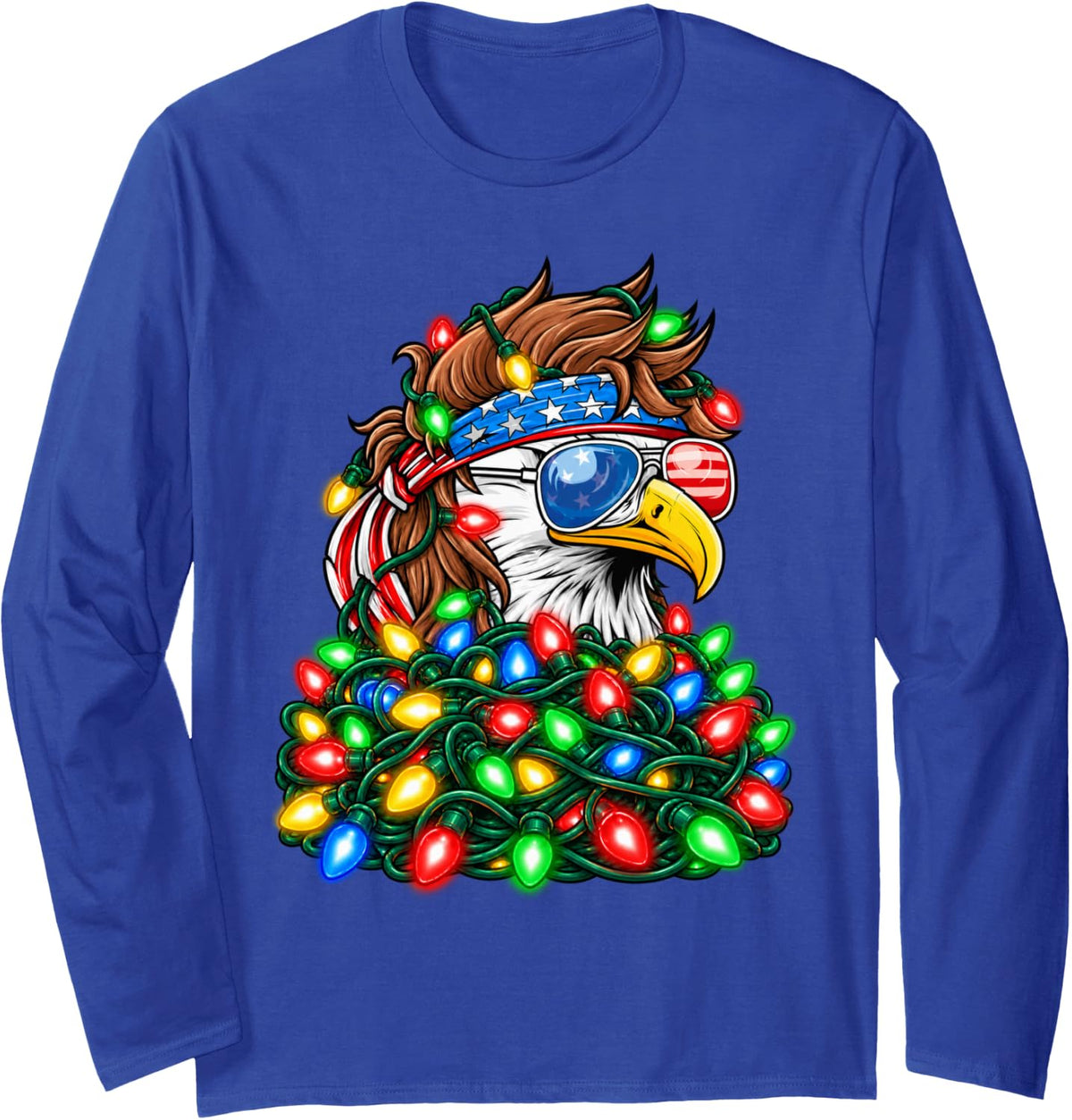 Bald Eagle Christmas Lights Long Sleeve T-Shirt - Adult Unisex Royal Blue