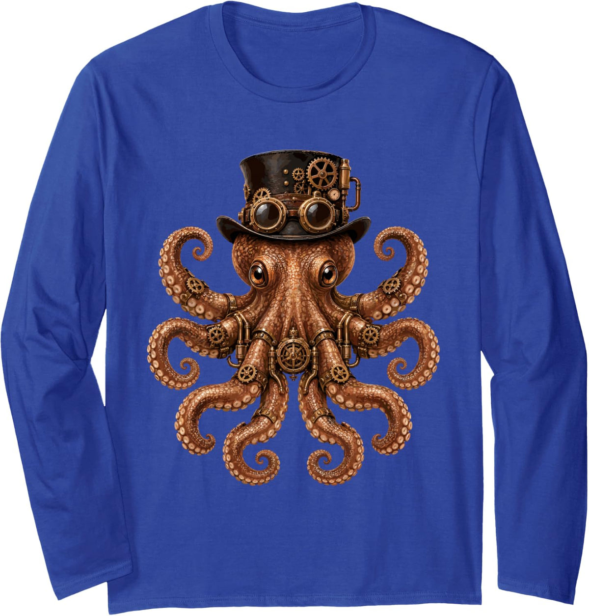 Steampunk Top Hat Gears - Octopus Long Sleeve T-Shirt - Adult Unisex Royal Blue