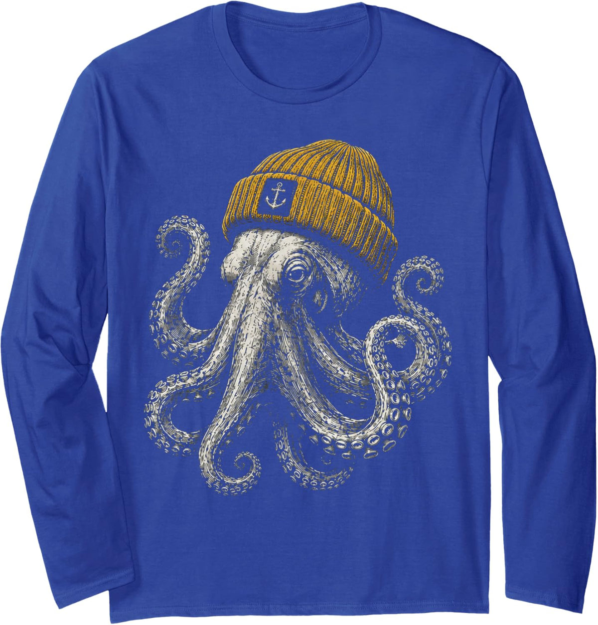 Winter Octopus Wearing Beanie Cute Ocean Animal Art Long Sleeve T-Shirt - Adult Unisex Royal Blue