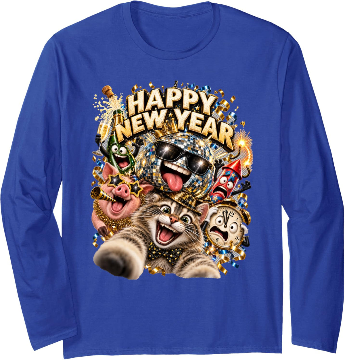 Happy New Year Cat Selfie Giant Disco Ball Party Art Long Sleeve T-Shirt - Adult Unisex Royal Blue