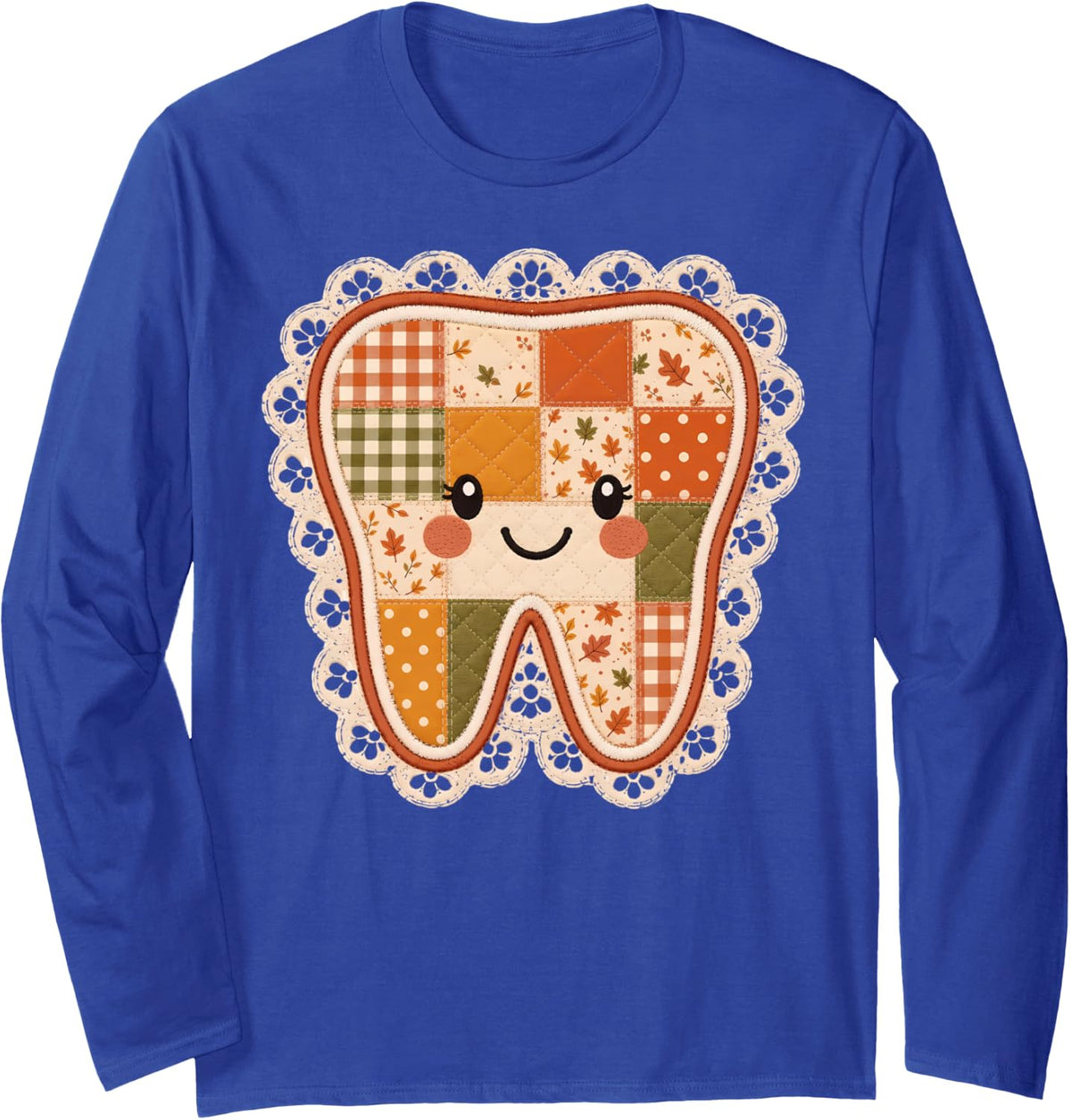 Fall Leaf Patchwork Tooth Dental Squad Autumn Thanksgiving Long Sleeve T-Shirt - Adult Unisex Royal Blue