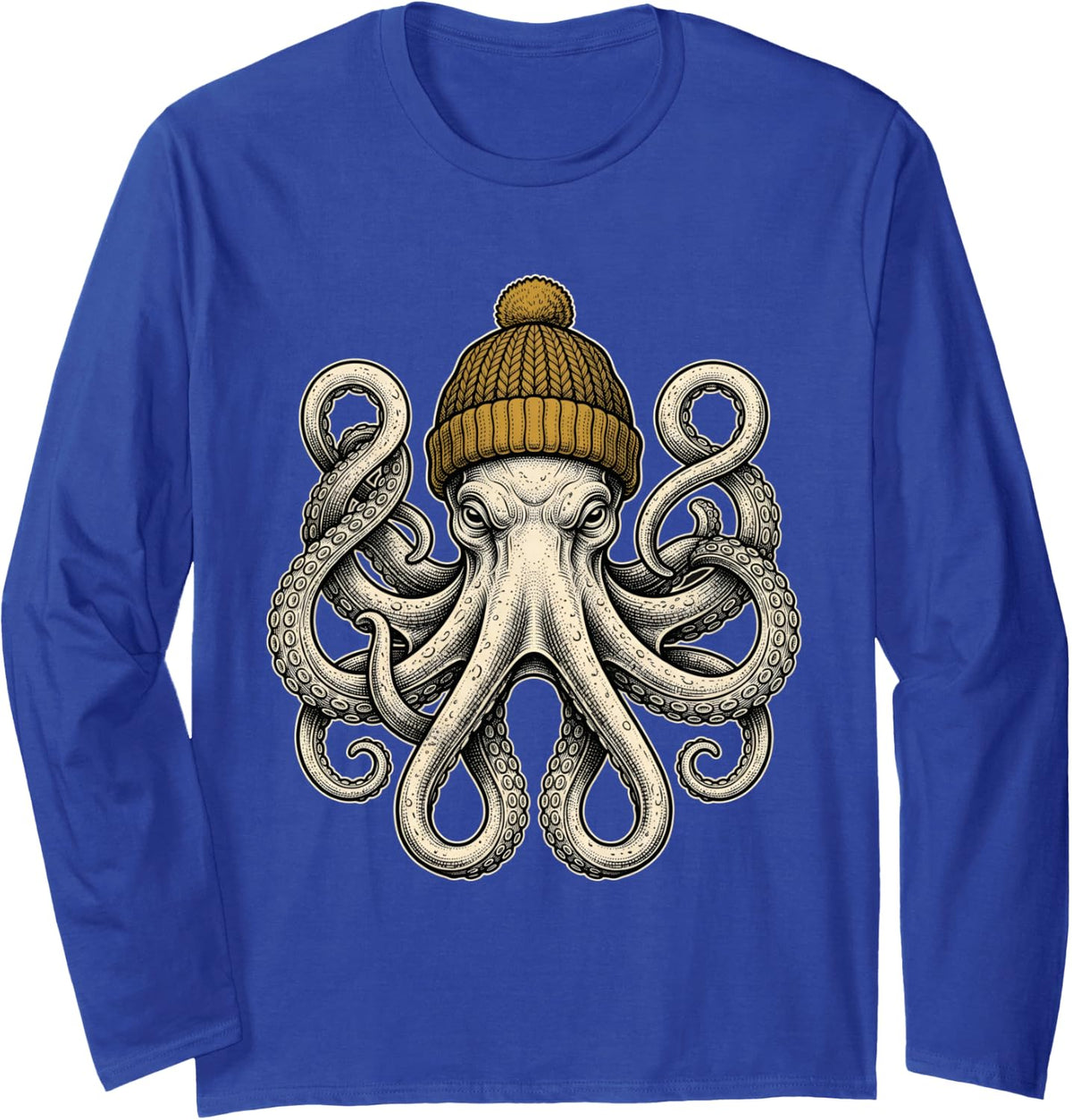 Octopus Wearing Beanie Winter Octopus Marine Biology Ocean Long Sleeve T-Shirt - Adult Unisex Royal Blue