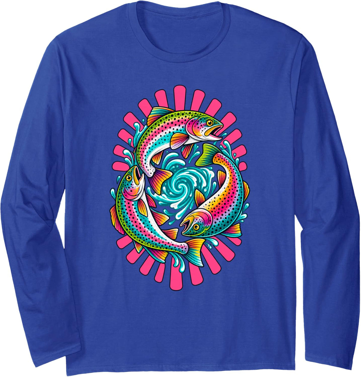 Rainbow Trout Fishing Colorful Fish Wave Art Long Sleeve T-Shirt - Adult Unisex Royal Blue