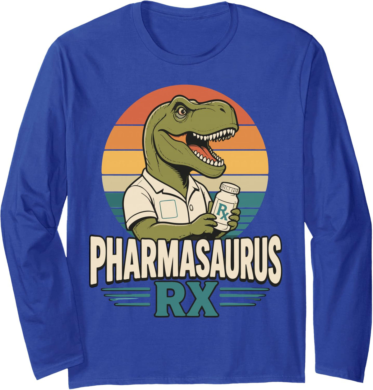 Funny Pharmacy Technician T-Rex Rx Tech Pharmacy Long Sleeve T-Shirt - Adult Unisex Royal Blue