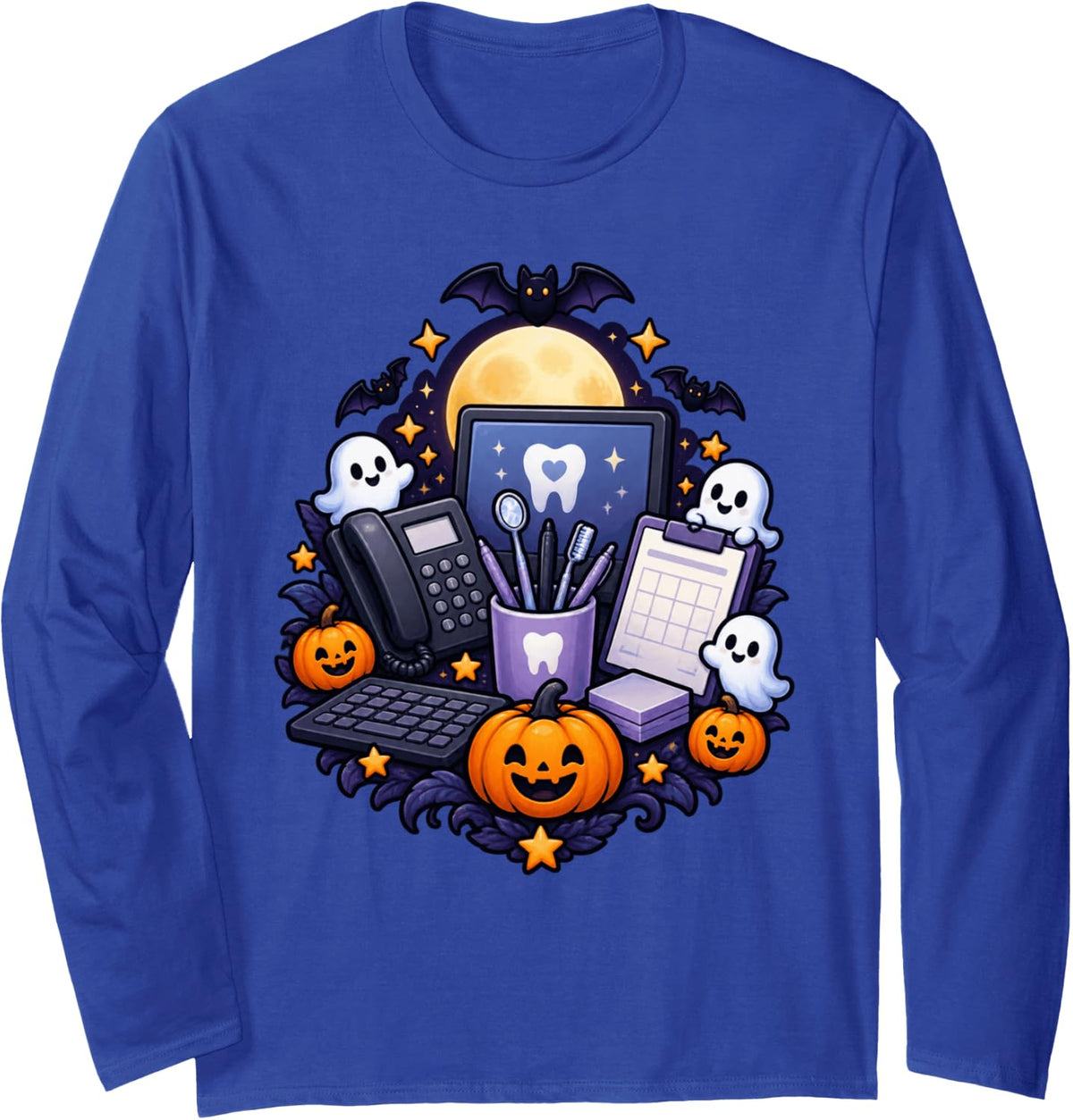 Spooky Dental Office Halloween Dentist Staff Long Sleeve T-Shirt - Adult Unisex Royal Blue
