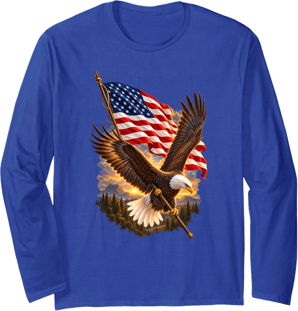 Patriotic Bald Eagle Soaring American Flag USA Mountains Long Sleeve T-Shirt - Adult Unisex Royal Blue