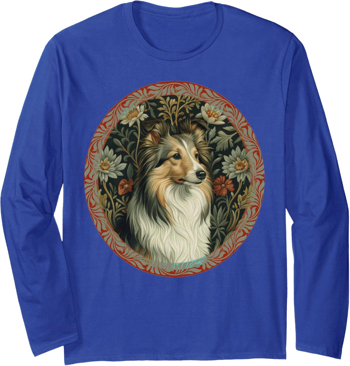 Shetland Sheepdog Vintage Floral Sheltie Long Sleeve T-Shirt - Adult Unisex Royal Blue