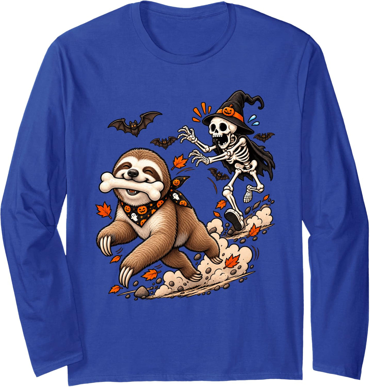 Funny Sloth Chased by Witch Skeleton Halloween Men Women Long Sleeve T-Shirt - Adult Unisex Royal Blue