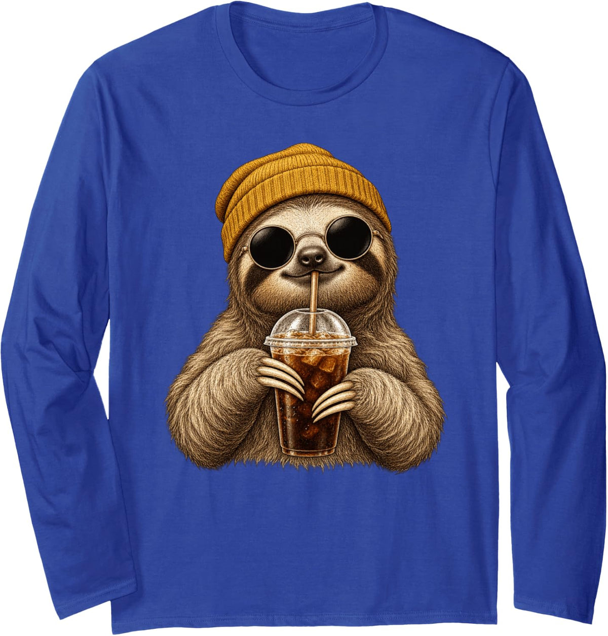 Funny Sloth Drinking Iced Coffee with Sunglasses and Beanie Long Sleeve T-Shirt - Adult Unisex Royal Blue