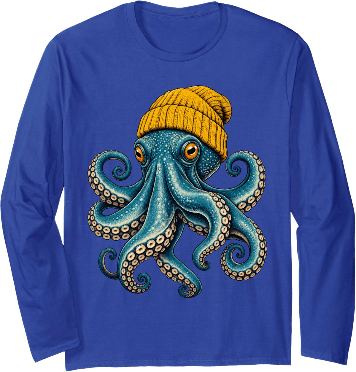 Octopus Wearing Beanie Long Sleeve T-Shirt - Adult Unisex Royal Blue