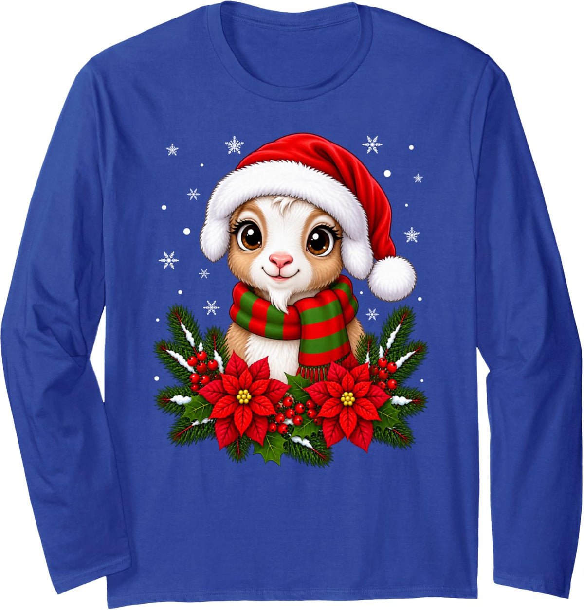 Cute Goat Animal Festive Flowers Santa Hat Goat Christmas Long Sleeve T-Shirt - Adult Unisex Royal Blue