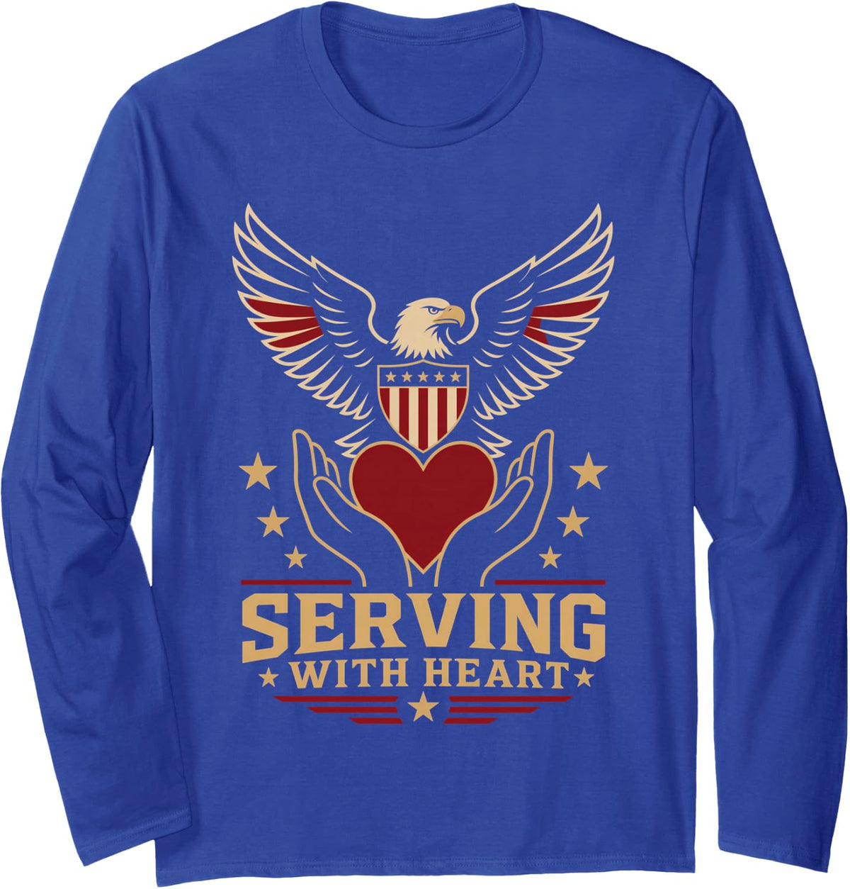 Serving with Heart American Bald Eagle Patriotic Design Long Sleeve T-Shirt - Adult Unisex Royal Blue