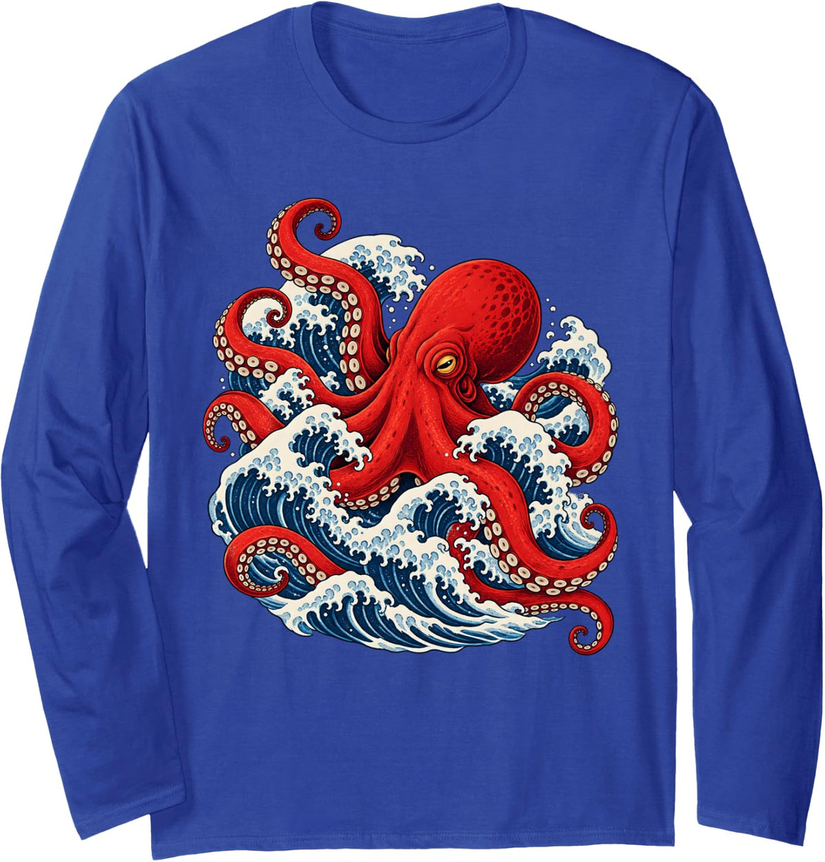 Red Octopus in Ocean Waves Long Sleeve T-Shirt - Adult Unisex Royal Blue