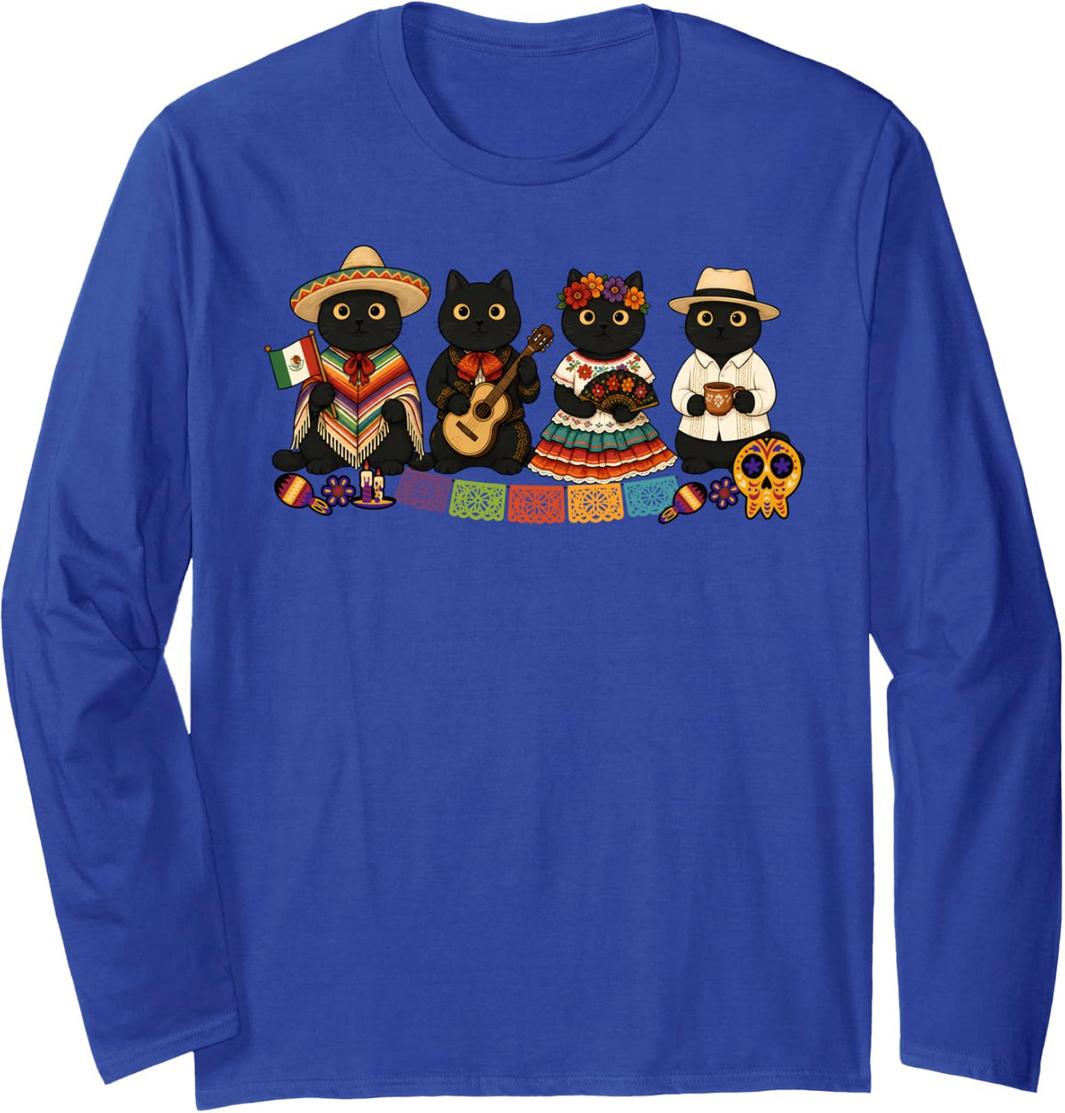 Mexican Cute Black Cats Mariachi Hispanic Heritage Month Long Sleeve T-Shirt - Adult Unisex Royal Blue