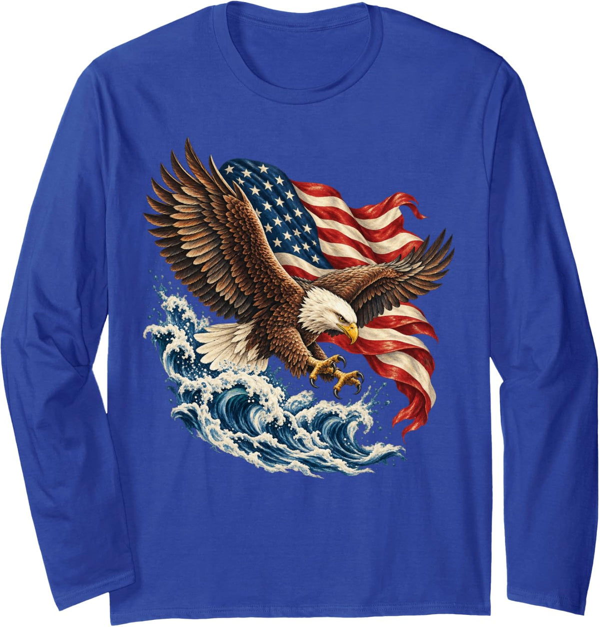 Bald Eagle in Flight with American Flag Waves Long Sleeve T-Shirt - Adult Unisex Royal Blue