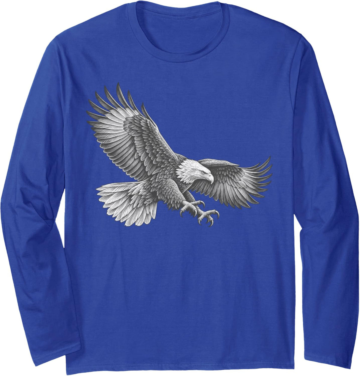 Bald Eagle Diving Swoop Engraved Line Art Long Sleeve T-Shirt - Adult Unisex Royal Blue