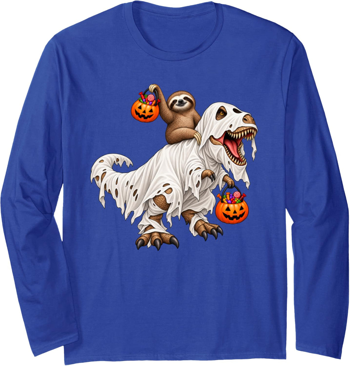 Sloth Riding Ghost T-Rex Dinosaur Funny Halloween Long Sleeve T-Shirt - Adult Unisex Royal Blue