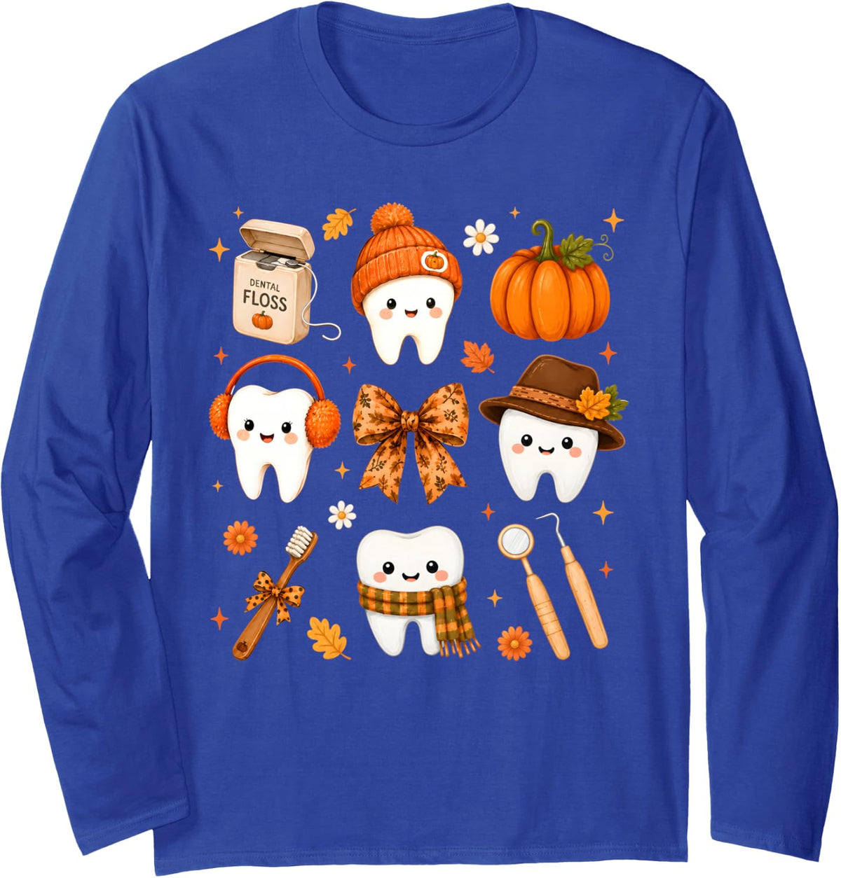 Fall Dentist Halloween Tooth Pumpkin Bow Dental Hygienist Long Sleeve T-Shirt - Adult Unisex Royal Blue