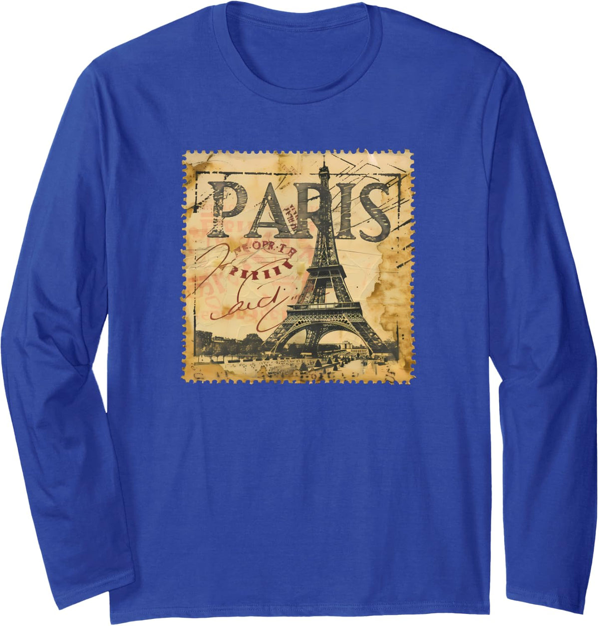 Vintage Paris Eiffel Tower Stamp 5 Long Sleeve T-Shirt - Adult Unisex Royal Blue