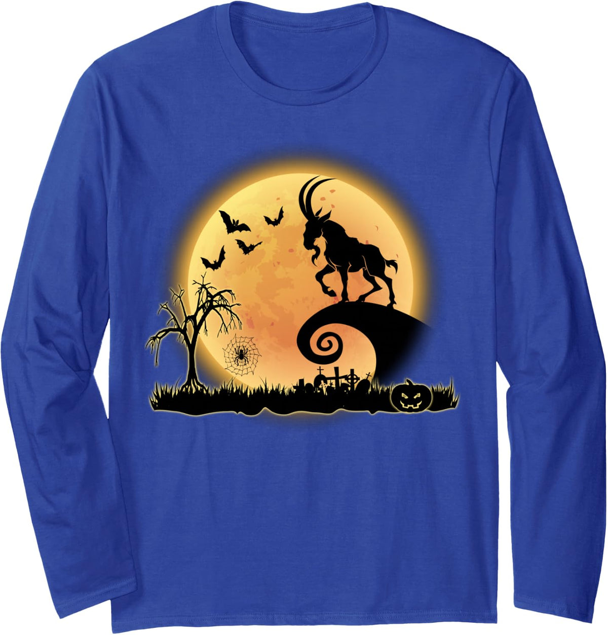 Goat and Moon Scary Funny Halloween Costume Long Sleeve T-Shirt - Adult Unisex Royal Blue