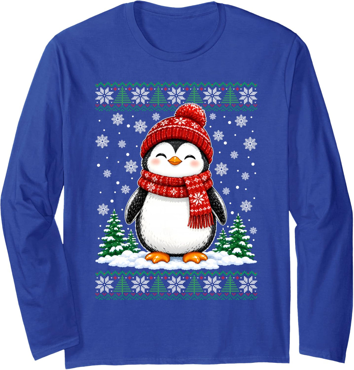 Funny Penguin Christmas Lover Xmas Ugly Sweater Pajamas Pjs Long Sleeve T-Shirt - Adult Unisex Royal Blue