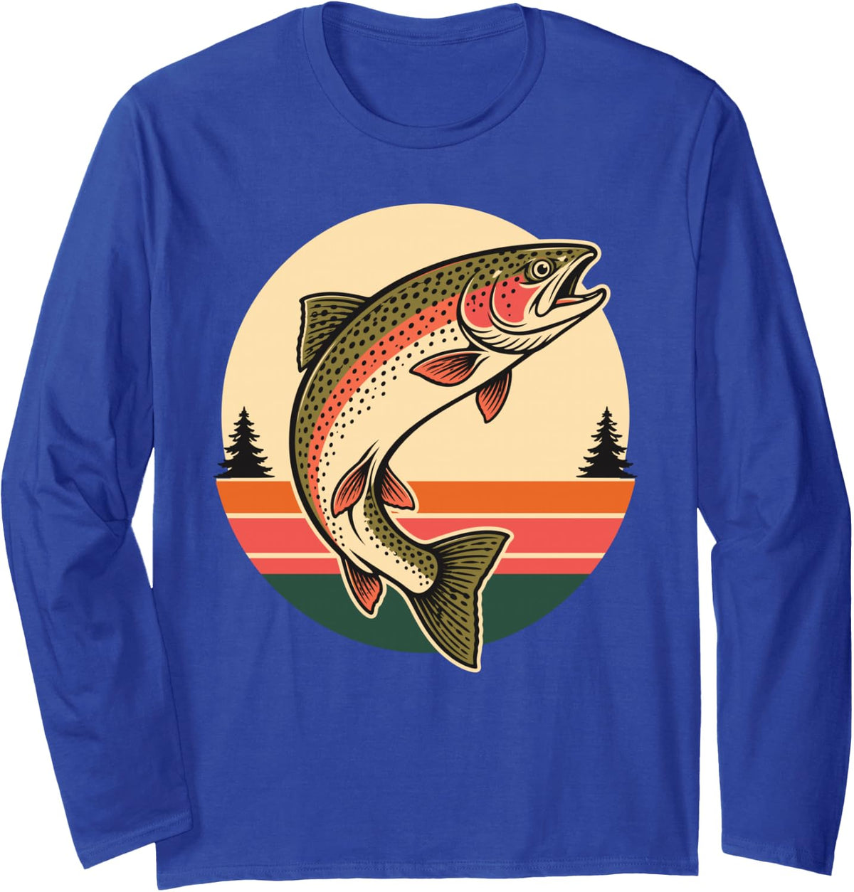 Rainbow Trout Fishing Retro Sunset Long Sleeve T-Shirt - Adult Unisex Royal Blue