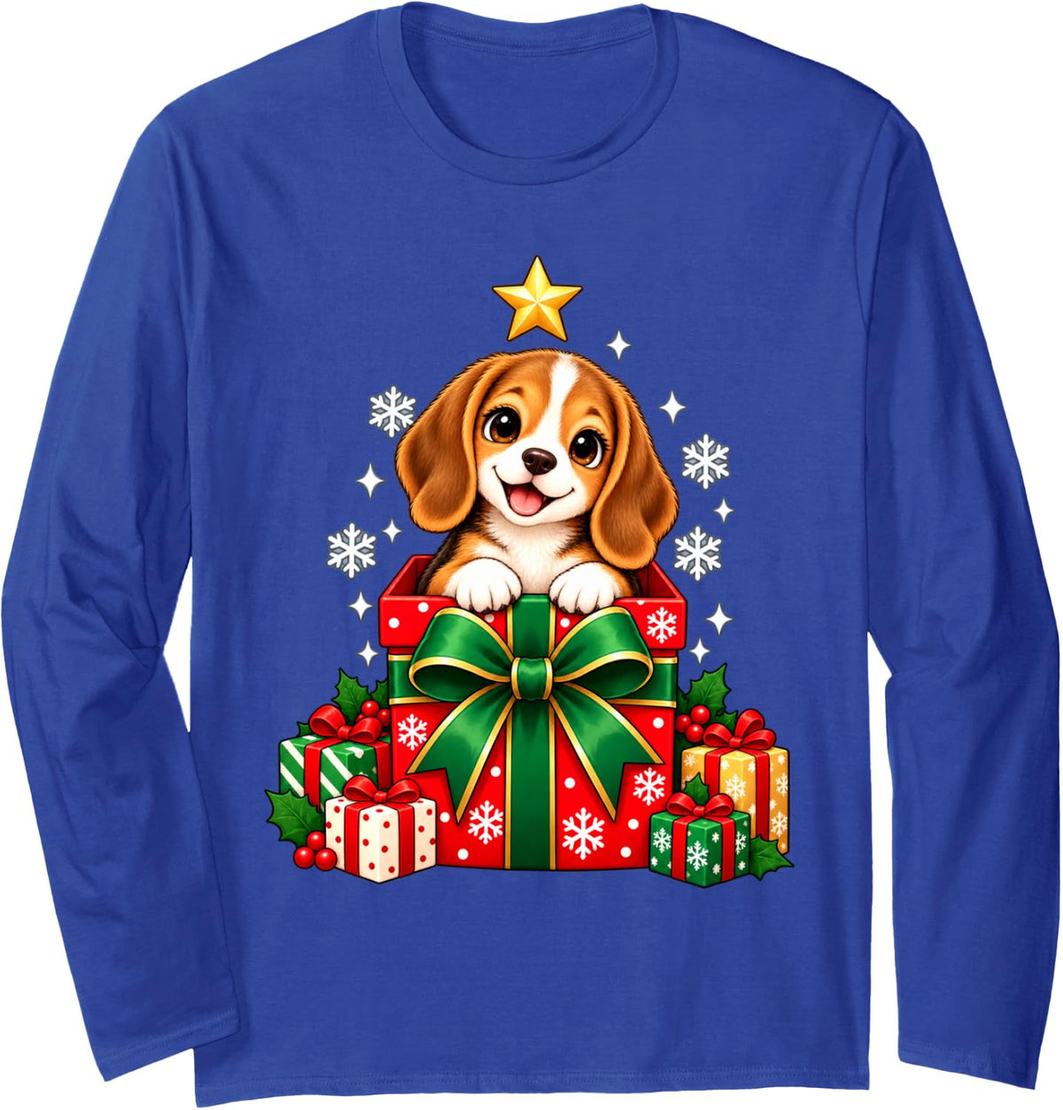 Playful Beagle Christmas Box Holiday Graphic Long Sleeve T-Shirt - Adult Unisex Royal Blue