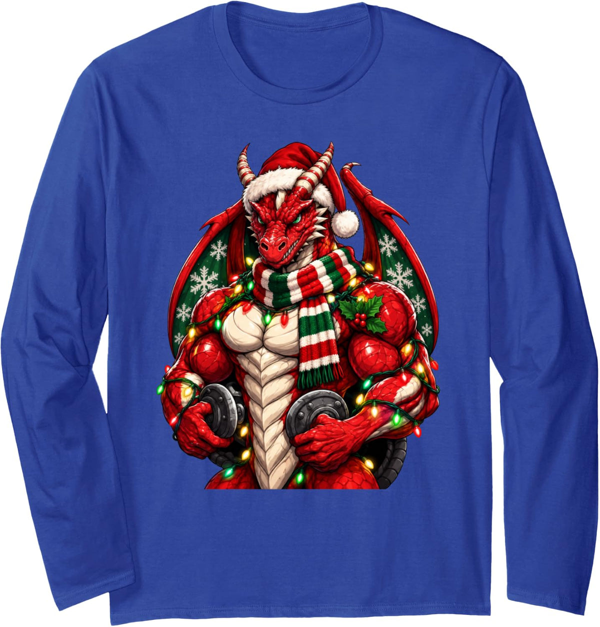 Muscular Dragon Powerlifting Gym Workout Christmas Xmas Long Sleeve T-Shirt - Adult Unisex Royal Blue