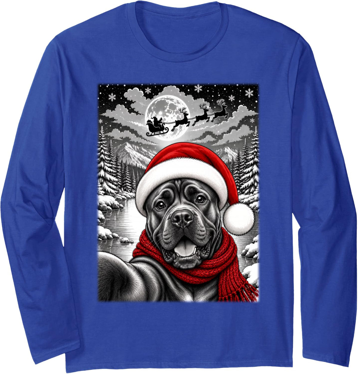 Cane Corso Dog Christmas Selfie Moon Night Starry Sky Xmas Long Sleeve T-Shirt - Adult Unisex Royal Blue