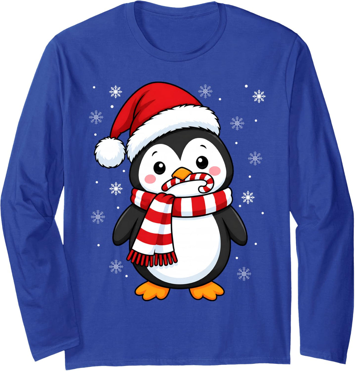 Adorable Festive Candy Cane Penguin Christmas Long Sleeve T-Shirt - Adult Unisex Royal Blue