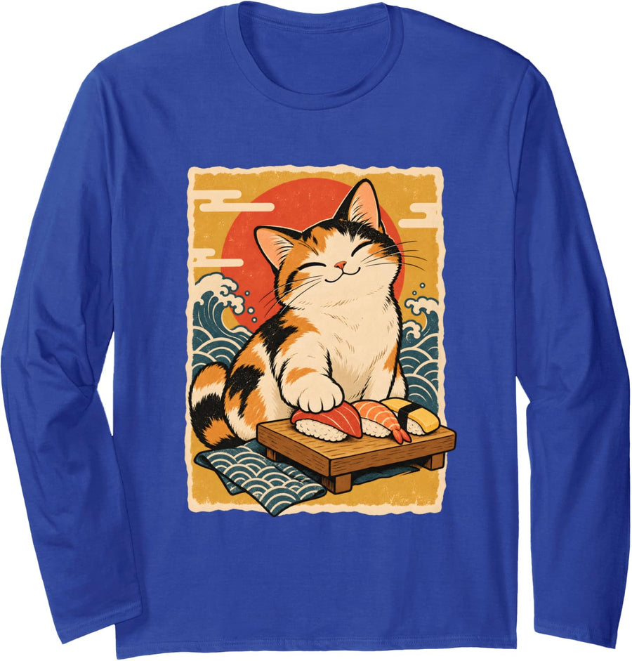 Cute Calico Cat Sushi Lover Japanese Art Long Sleeve T-Shirt - Adult Unisex Royal Blue