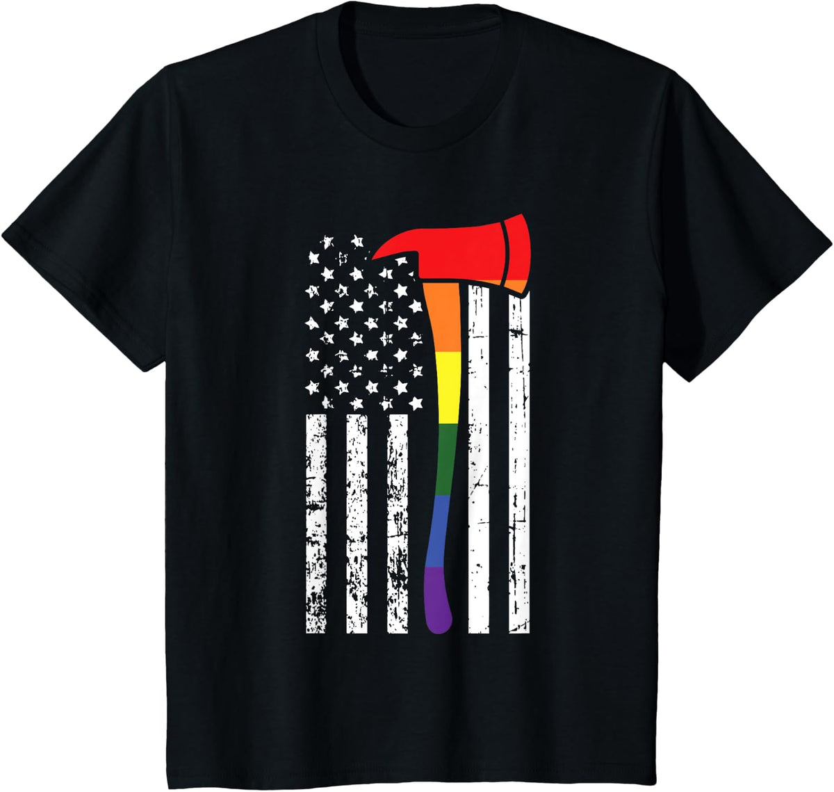 Firefighter American Flag LGBT-Q Gay Pride Flag Fireman Ally T-Shirt - Black