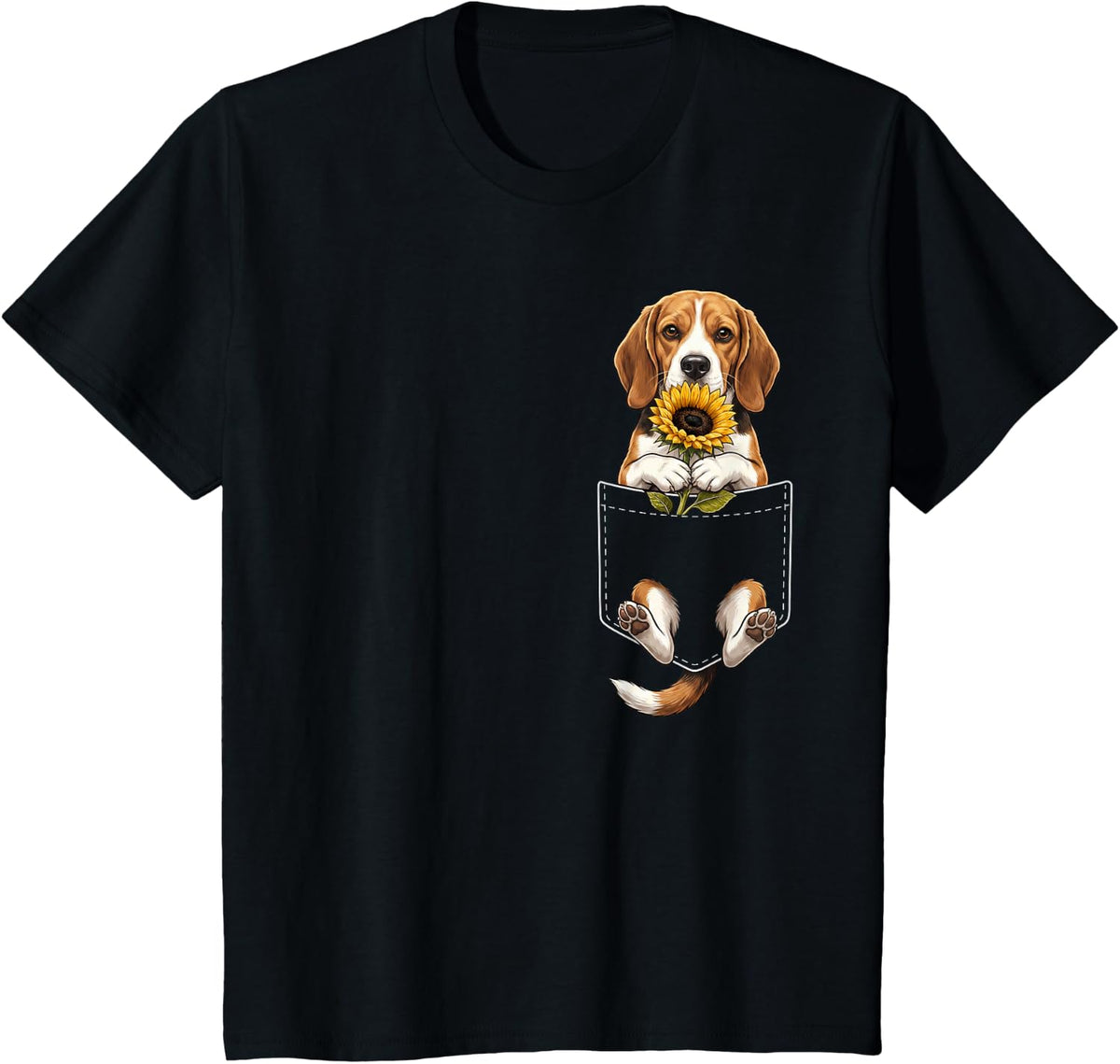 Beagle Sunflower Pocket Floral Dog Lover T-Shirt - Black