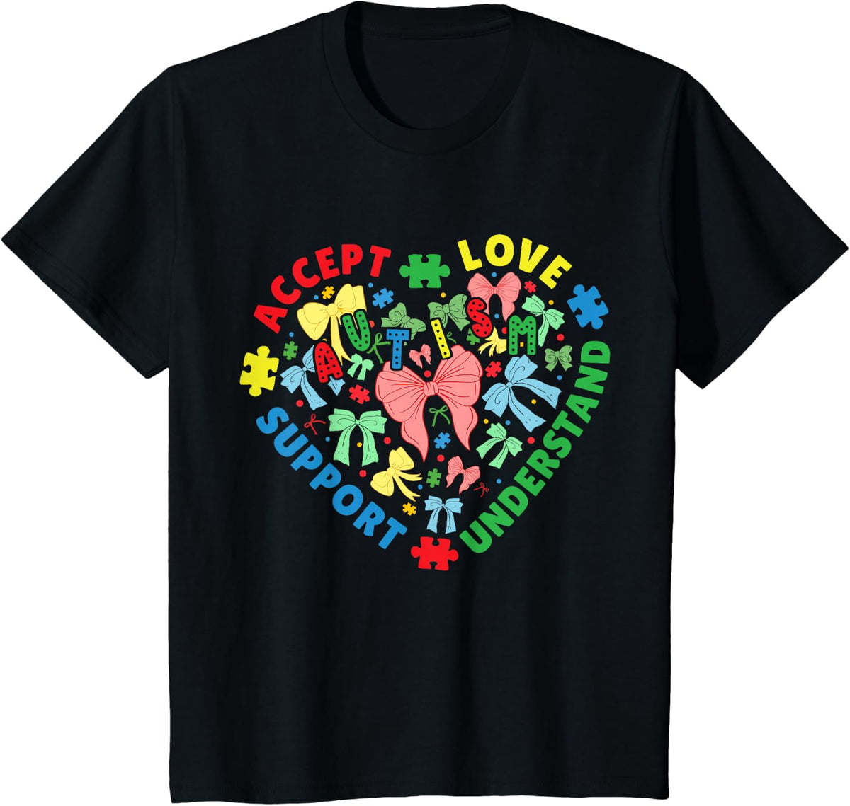 Autism Awareness Heart Coquette Bow Autism Support Women T-Shirt - Black