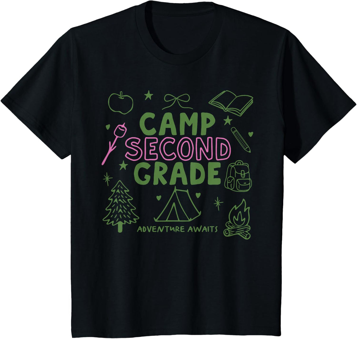Camp Second Grade Teacher Tee Camping Hiking Adventure Awaits T-Shirt for Teachers - Black