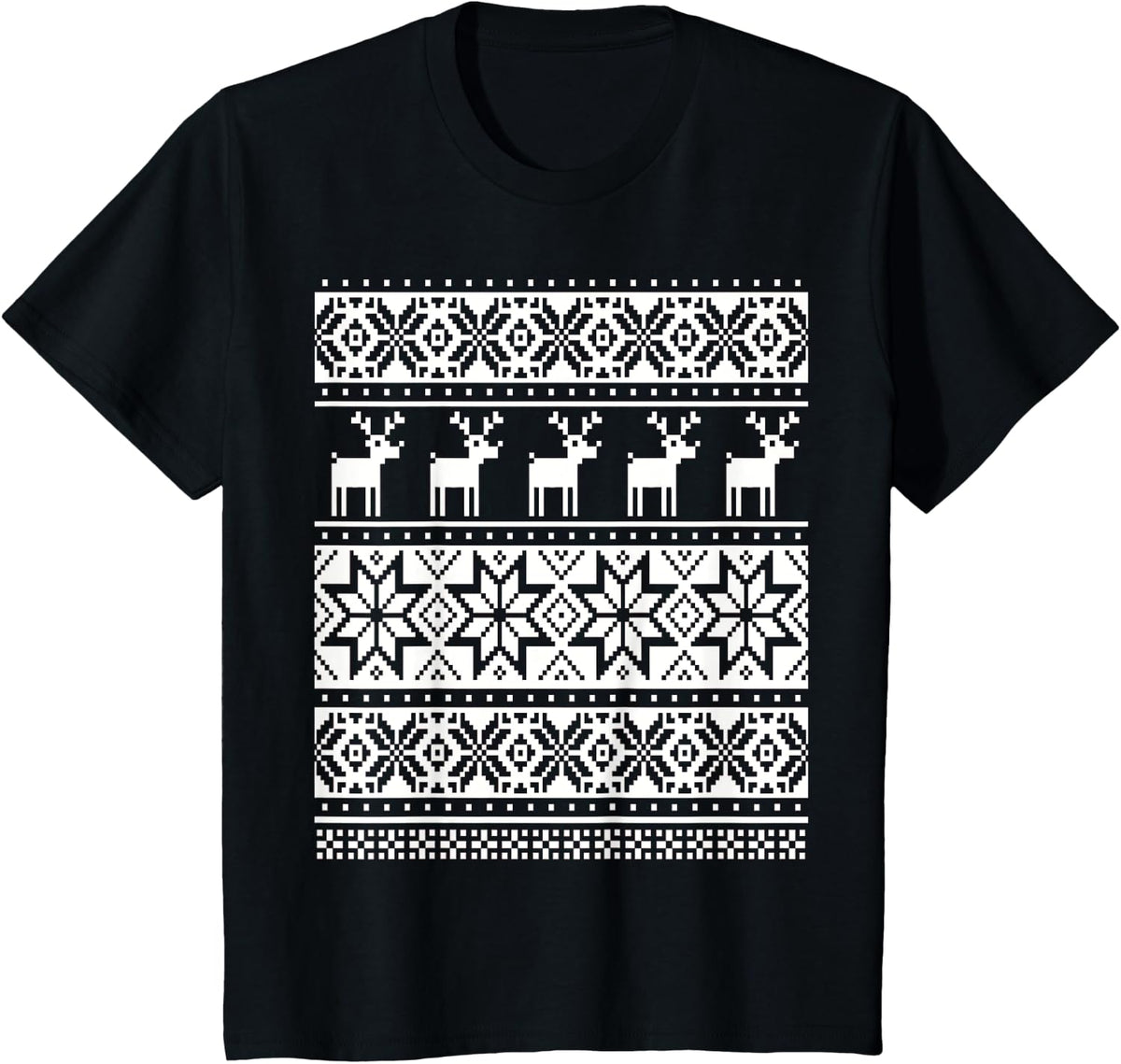 Funny Nordic Xmas Ugly Christmas Sweater Reindeer Pattern T-Shirt - Black