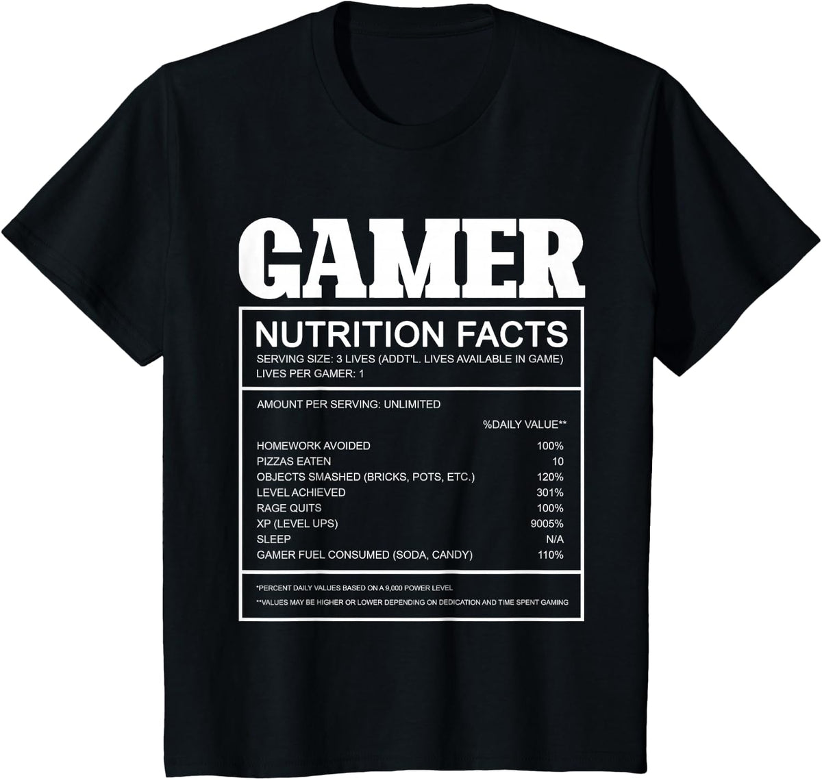 Gamer Nutritional Value Chart Gaming T-Shirt - Black