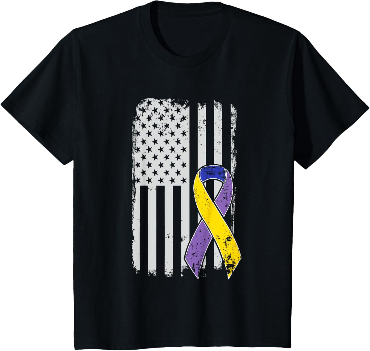 Bladder Cancer Awareness - Distressed American Flag Ribbon T-Shirt - Black